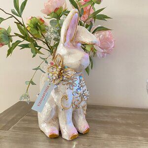 Handcrafted Capiz Shell Rabbit Jeweled Pink & Gold Tone Accented & Butterfly 16"